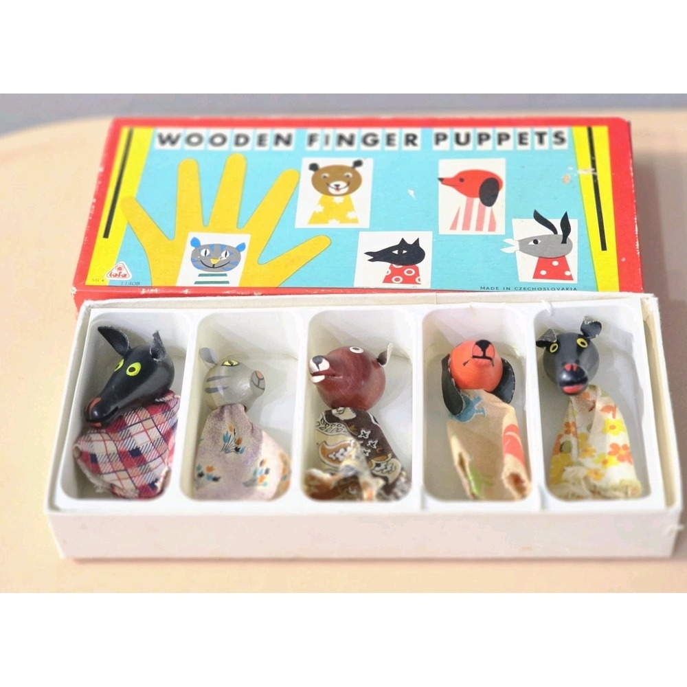 Vintage Wooden Finger Puppets‎ Lot Of Five In Original Box By Tofa